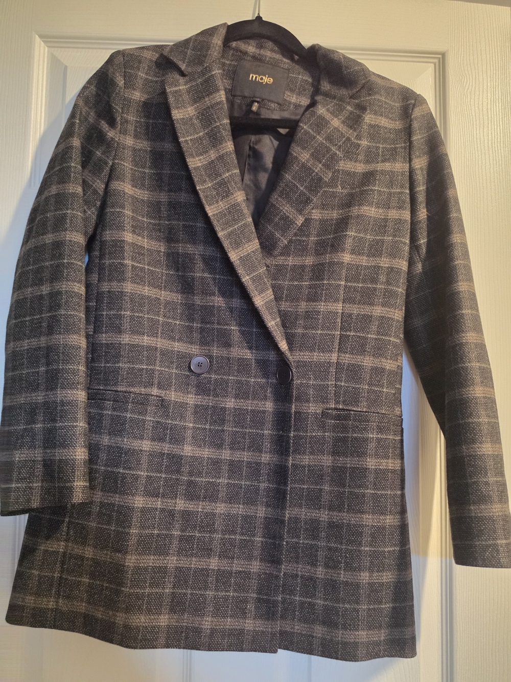 Maje Gray Plaid Double-Breasted Blazer Jacket